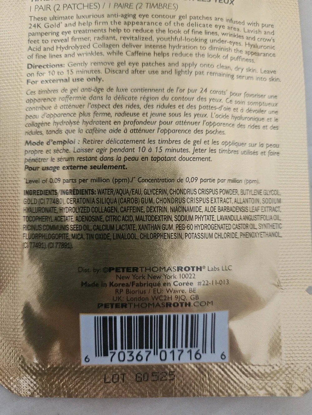 Peter Thomas Roth 24K Gold Firming HydraGel Eye Patches Hyaluronic Acid 10 Pairs
